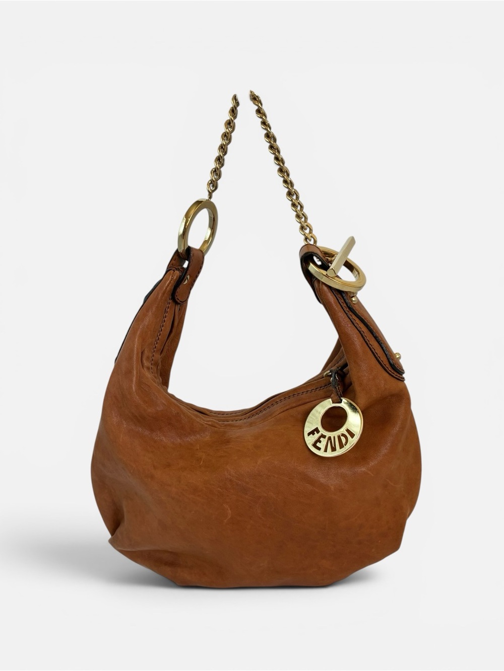 Fendi Tan Leather Shoulder Hobo with Gold Chain Accent